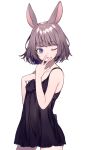  1girl :3 animal_ears bangs bare_arms black_dress blue_eyes brown_hair bunny_ears character_request copyright_request dress eyebrows_visible_through_hair flat_chest looking_at_viewer one_eye_closed rabbit_girl short_hair shugao solo symbol_commentary tongue w 