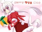  1girl alternate_costume arm_ribbon blush box coat dutch_angle emmxd325 fur-trimmed_coat fur_trim gift gift_box green_ribbon grey_hair highres long_hair merry_christmas pink_ribbon purple_eyes ribbon santa_costume senki_zesshou_symphogear smile solo wavy_mouth yukine_chris 