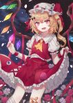  1girl :d ascot bandaged_leg bandages bandaid bandaid_on_knee bangs black_bow blonde_hair bow clothes_lift cloud cloudy_sky crossed_bandaids crystal dutch_angle eyeball eyebrows_visible_through_hair eyes fangs flandre_scarlet flat_chest flower frilled_shirt_collar frills from_below hair_bow hair_ornament hat hat_bow highres lifted_by_self light_blush looking_at_viewer medium_hair mob_cap nail_polish night night_sky nokoki_(motioko5) one_side_up open_mouth petals petticoat puffy_short_sleeves puffy_sleeves red_bow red_eyes red_flower red_nails red_ribbon red_rose red_skirt red_vest ribbon rose short_sleeves skirt skirt_lift sky smile solo sparkle standing touhou vest white_bow white_flower white_headwear white_rose wings wrist_cuffs x_hair_ornament yellow_neckwear 