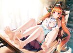 2girls amane_kanata bangs bare_legs bare_shoulders barefoot between_breasts blue_hair blue_shirt blunt_bangs blush bow breasts casino_(casinoep) closed_eyes closed_mouth dragon_girl dragon_horns dragon_tail eyebrows_visible_through_hair feet full_body halo hammock hands_on_another&#039;s_knees head_between_breasts hololive horn_bow horns index_finger_raised jacket kiryu_coco large_breasts legs long_hair long_sleeves looking_at_viewer lying multicolored multicolored_eyes multicolored_hair multiple_girls off_shoulder on_back orange_hair pointing purple_eyes red_eyes red_jacket shirt short_hair signature sleeping smile soles star_halo streaked_hair striped striped_bow tail toes twintails vertical-striped_bow very_long_hair white_hair white_shirt 
