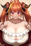  1girl ahoge bare_shoulders breasts brown_hair cleavage highres hololive horns huge_ahoge huge_breasts kiryu_coco long_hair nuezou red_eyes smile solo strap_pull upper_body virtual_youtuber 
