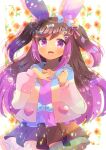  1girl :d animal_ear_fluff animal_ears bangs blue_bow bow brown_hair brown_skirt bunny_ears character_request commentary_request eyebrows_visible_through_hair gradient_hair hair_between_eyes hands_up hood hood_down hooded_jacket indie_virtual_youtuber jacket kouu_hiyoyo layered_skirt long_hair looking_at_viewer multicolored_hair open_clothes open_jacket open_mouth pink_hair pleated_skirt puffy_short_sleeves puffy_sleeves purple_bow purple_eyes purple_shirt shirt short_sleeves skirt smile solo star_(symbol) two_side_up very_long_hair virtual_youtuber 