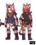  1girl alternate_costume animal_ears backpack bag bangs bangs_pinned_back black_footwear boots bulletproof_vest cat_ears cat_girl cat_tail character_sheet combat_boots commentary_request diona_(genshin_impact) from_behind full_body genshin_impact green_eyes highres introvert-kun knee_guards looking_at_viewer pink_hair pink_jumpsuit pocket ribbon short_hair sidelocks simple_background smile solo tactical_clothes tail tail_ornament tail_ribbon white_background 