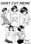  1girl absurdres bangs bra breasts cleavage cleavage_cutout clothing_cutout collared_shirt dress endo_(ravenhart) english_commentary glasses greyscale hair_behind_ear head_tilt highres looking_at_viewer monochrome navel original plunging_neckline ravenhart ribbed_sweater shirt shirt_cut_meme short_hair sideboob smile solo stethoscope sweater twintails underwear 