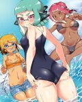  3girls adjusting_clothes adjusting_swimsuit aqua_hair ass bangs bikini black_bikini blue_eyes blue_shorts blue_sky blunt_bangs blush bob_cut breasts cameltoe cloud cloudy_sky commentary dark_skin day denim denim_shorts domino_mask fang female_pervert flying_kick from_behind frown grimace headgear highres horizon inkling kicking large_breasts long_hair looking_at_another looking_back makeup mascara mask motion_lines multiple_girls navel ocean octoling open_fly open_mouth orange_bikini orange_hair outdoors penguin_maru_(penginmaru) pervert purple_eyes red_eyes red_hair school_swimsuit short_hair shorts skindentation sky small_breasts smile splatoon_(series) squidbeak_splatoon standing suction_cups swimsuit tan tentacle_hair thigh_gap wading water wet 