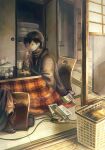  1boy black_hair book cup grey_sweater highres indoors kotatsu long_sleeves mask mirror mouth_mask orange_peel original plug reflection sasakure_(mogunonbi) shadow short_hair solo sweater table tissue_box white_mask 