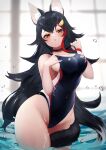  1girl :o absurdres animal_ear_fluff animal_ears bangs bare_legs black_choker black_hair black_swimsuit blurry blurry_background blush breasts brown_eyes choker commentary_request commission cowboy_shot eyebrows_visible_through_hair hair_ornament hand_on_own_chest hands_up higashigure highres hololive large_breasts long_hair looking_at_viewer multicolored_hair one-piece_swimsuit ookami_mio red_hair sideboob skeb_commission solo standing strap_pull streaked_hair swimsuit tail tail_around_leg very_long_hair virtual_youtuber wading water wolf_ears wolf_girl wolf_tail 