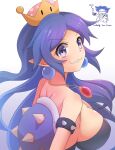  1girl :3 armlet bai_qiao blue_eyes blue_hair bracelet breasts cleavage crown earrings fang fang_out genderswap genderswap_(mtf) highres huge_breasts jewelry koopalings ludwig_von_koopa mario_(series) new_super_mario_bros._u_deluxe pointy_ears sideboob smile solo spiked_armlet spiked_bracelet spiked_shell spikes staff super_crown tail turtle_shell wand 