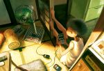  1boy asa_no_ha_(pattern) barefoot black_hair fan grey_shorts handheld_game_console highres indoors newspaper original pillow profile sasakure_(mogunonbi) shadow short_hair shorts sitting solo table tank_top white_tank_top wide_shot 