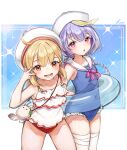  2girls :d absurdres ahoge alpakane alternate_costume bag bandaged_leg bandages bangs bent_over blue_swimsuit braid commentary dodoco_(genshin_impact) english_commentary eyebrows_visible_through_hair frilled_swimsuit frills genshin_impact hair_between_eyes handbag hat highres innertube klee_(genshin_impact) light_brown_hair long_hair looking_at_viewer low_twintails multiple_girls ofuda open_mouth orange_eyes parted_lips pointy_ears purple_eyes purple_hair qiqi_(genshin_impact) sailor_collar sidelocks simple_background single_braid smile swimsuit thighhighs twintails two-tone_background v white_legwear zettai_ryouiki 