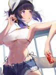  1girl :o absurdres adjusting_earrings arknights bangs bare_shoulders bikini bikini_under_clothes black_hair blue_hair blunt_bangs blush breasts breasts_apart bugegehaibugouse can choker cowboy_shot cutoffs denim denim_shorts earrings eunectes_(arknights) eyebrows_visible_through_hair fingernails from_below gold highleg highres holding jewelry large_breasts leaning_back leaning_on_rail looking_away looking_to_the_side midriff multicolored_hair navel open_fly open_mouth pointy_ears ponytail purple_eyes railing short_shorts shorts side-tie_bikini sideboob simple_background soda_can swimsuit tail tan tanline teardrop_facial_mark two-tone_hair underwear underwear_only visor white_background 