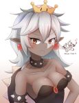  1girl armlet bai_qiao black_collar breasts brown_eyes cleavage collar crown dark_skin earrings frown genderswap genderswap_(mtf) highres jewelry large_breasts mario_(series) morton_koopa_jr. new_super_mario_bros._u_deluxe pointy_ears sharp_teeth silver_hair spiked_armlet spiked_collar spiked_shell spikes staff star_tattoo strapless super_crown tattoo teeth turtle_shell 