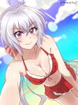  1girl absurdres ahoge bare_shoulders bikini breasts cleavage cloud cloudy_sky day emmxd325 hair_between_eyes highres large_breasts leaning_forward looking_at_viewer navel purple_eyes purple_hair reaching_out red_bikini selfie senki_zesshou_symphogear sky smile solo swimsuit twintails twitter_username yukine_chris 