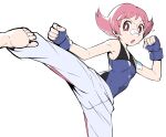  1girl :o bandaid bandaid_on_arm bandaid_on_nose bangs bare_arms barefoot bodysuit breasts clenched_hands commentary eyelashes fingerless_gloves flying_sweatdrops gloves grey_pants gym_leader highres kicking leg_up maylene_(pokemon) open_mouth pants pink_hair pokemon pokemon_(game) pokemon_dppt red_eyes short_hair simple_background soles solo toes white_background woogleboy 