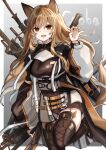 1girl andou_yuna animal_ears arknights boots brown_hair brown_jacket brown_legwear ceobe_(arknights) character_name commentary dog_ears dog_girl dog_tail hand_up highres holding holding_weapon infection_monitor_(arknights) jacket leg_up long_hair looking_at_viewer open_mouth oripathy_lesion_(arknights) red_eyes solo standing standing_on_one_leg tail thigh_boots thighhighs weapon weapon_on_back wristband 