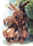  2girls animal_ears ass bangs black_hair breasts bunny_ears chinese_commentary choker cleavage clothing_cutout commentary_request cowboy_shot dark-skinned_female dark_skin eyebrows_visible_through_hair fictional_persona final_fantasy final_fantasy_xiv fingernails from_behind hand_on_another&#039;s_face hand_up highleg highleg_leotard highres jewelry kacyu large_breasts leotard light_brown_hair lips long_hair looking_at_viewer multiple_girls nail_polish navel navel_cutout necklace parted_lips partially_submerged pelvic_curtain red_eyes red_nails see-through shiny shiny_skin short_sleeves smile standing stomach thighs very_long_hair viera wading water yellow_eyes yuri 