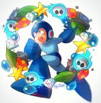  1boy :o artist_name blue_footwear clenched_hand diamond_(gemstone) flaming_skull full_body helmet junk leaf mega_man_(character) mega_man_(series) poroi_(poro586) robot running shouting solo star_(symbol) white_background 