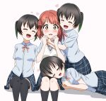  4girls :d ^_^ black_hair closed_eyes confused girl_sandwich gradient_hair green_hair hair_ornament hairclip heart highres hug lap_pillow light_blush love_live! love_live!_nijigasaki_high_school_idol_club medium_hair multicolored_hair multiple_girls multiple_persona nijigasaki_academy_uniform open_mouth red_hair sandwiched side_bun simple_background skirt smile socks star_(symbol) star_hair_ornament sweat takasaki_yuu takeru-1103-murai thighhighs uehara_ayumu wavy_mouth white_background yellow_eyes yuri 