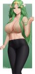  1girl absurdres arm_up artist_name black_legwear border breasts brown_shirt cameltoe cleavage feet_out_of_frame fire_emblem fire_emblem:_three_houses flower green_background green_eyes green_hair hair_flower hair_ornament highres large_breasts long_hair long_sleeves navel rhea_(fire_emblem) shirt simple_background solo spandex stomach thighs zaphn 