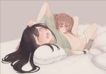  2girls bangs black_hair bottomless breast_sucking brown_eyes brown_hair brown_legwear clothes_lift commentary_request fingering flat_chest green_shirt grey_background haru_nagoya long_hair looking_at_another looking_away lying multiple_girls navel on_back on_bed open_mouth orgasm original panties panties_around_one_leg pillow sheet_grab shirt shirt_lift simple_background socks sweat t-shirt twintails underwear upper_teeth wristband yuri 