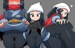  1girl absurdres ass ass_grab black_hair black_legwear blush blush_stickers breasts cameltoe dawn_(pokemon) grabbing_own_ass green_eyes heart highres japanese_clothes looking_at_viewer looking_back open_mouth pokemon pokemon_(game) pokemon_legends:_arceus rariatto_(ganguri) red_scarf scarf smile sweat undressing white_headwear 