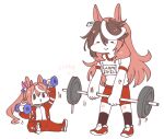  0_0 2girls animal_ears ankle_socks barbell brown_hair buruma dumbbell earrings high_ponytail highres horse_ears horse_girl jewelry long_hair motion_lines multicolored_hair multiple_girls shoes sketch sneakers symboli_rudolf_(umamusume) takatsuki_nato tokai_teio_(umamusume) track_suit two-tone_hair umamusume weightlifting 