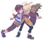  3boys ahoge anzu_(01010611) bangs baseball_cap black_pants blonde_hair blush capri_pants closed_eyes closed_mouth commentary dark-skinned_male dark_skin elio_(pokemon) gladion_(pokemon) green_hair grey_eyes grey_pants hand_on_another&#039;s_head hat hau_(pokemon) heart male_focus multiple_boys open_mouth orange_footwear pants pokemon pokemon_(game) pokemon_sm puckered_lips raised_eyebrows shirt shoes short_sleeves shorts smile striped striped_shirt t-shirt tongue trembling upper_teeth white_background |d 