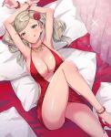  absurdres anklet aqua_eyes arms_up bed bed_sheet blonde_hair blush bracelet breasts dress eyebrows_visible_through_hair flower from_above high_heels highres jewelry large_breasts leg_up legs looking_at_viewer lying mizuki_nana necklace on_back persona persona_5 pillow plunging_neckline red_dress red_flower red_footwear red_rose rose takamaki_anne thighs tongue tongue_out twintails uni_(rabbit_beat) 