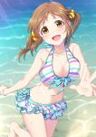  1girl absurdres bare_shoulders barefoot beach bikini bikini_skirt bow bow_bikini bracelet breast_press breasts brown_eyes brown_hair cleavage collarbone cowboy_shot halter_top halterneck highres idolmaster idolmaster_cinderella_girls jewelry large_breasts long_hair looking_at_viewer lowleg lowleg_bikini midriff mikapoe navel ocean open_mouth running sidelocks skirt smile solo striped striped_bikini swimsuit tareme totoki_airi twintails wading water 