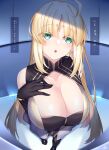  1girl :o ahoge artoria_pendragon_(all) artoria_pendragon_(caster)_(fate) blonde_hair breasts cleavage fate/grand_order fate_(series) forehead_jewel green_eyes hand_on_own_chest highres large_breasts looking_at_viewer solo translation_request watosu 