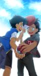  2boys :d absurdres artist_name ash_ketchum bangs baseball_cap black_hair blue_eyes blue_jacket brown_eyes character_name cloud commentary_request dark-skinned_male dark_skin day eye_contact eyelashes goh_(pokemon) hair_ornament hat highres holding holding_poke_ball jacket looking_at_another male_focus multiple_boys number open_mouth outdoors poke_ball poke_ball_(basic) pokemon pokemon_(anime) pokemon_swsh_(anime) red_headwear shirt short_sleeves shorts sky sleeveless sleeveless_jacket smile teeth tongue watermark white_shirt ze_(0enmaitake) 