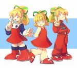  1girl :d blonde_hair blue_background blue_eyes bow dress green_bow green_ribbon hair_bow index_finger_raised long_sleeves looking_at_viewer mega_man_(series) multicolored_hair multiple_views one_eye_closed open_mouth pants poroi_(poro586) red_dress red_footwear red_pants ribbon roll_(mega_man) simple_background sleeveless sleeveless_dress smile two-tone_hair v white_background 