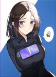  1girl battery_indicator blue_eyes blush breasts brown_hair buttons cellphone ear_piercing frown_(wonderland85711) large_breasts looking_at_viewer medium_hair mole mole_under_eye phone piercing samsung samsung_sam smartphone speech_bubble tawawa_challenge upper_body 