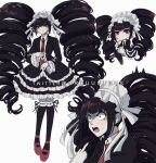  1girl bangs big_hair black_hair black_legwear black_skirt bonnet card celestia_ludenberg chibi commentary criis-chan danganronpa:_trigger_happy_havoc danganronpa_(series) drill_hair earrings frilled_skirt frills full_body gothic_lolita holding impossible_hair jacket jewelry layered_skirt lolita_fashion long_hair long_sleeves looking_at_viewer nail_polish necktie playing_card pointing pointing_at_self red_eyes red_footwear red_neckwear shoes simple_background skirt smile thighhighs twin_drills twintails very_long_hair 