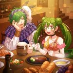  1boy 1girl beer_mug blush choker cup double_bun fire_emblem fire_emblem:_genealogy_of_the_holy_war food futatsuki_(perfect_lovers) green_eyes green_hair hair_ornament hair_over_one_eye holding lewyn_(fire_emblem) long_hair looking_at_another mug scarf silvia_(fire_emblem) smile 