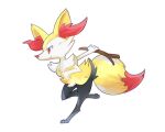  1girl ancesra animal_ear_fluff animal_ears animal_nose arm_up black_fur body_fur braixen closed_mouth commentary_request english_commentary fox_ears fox_girl fox_tail from_side full_body gen_6_pokemon hand_up happy holding holding_stick leg_up mixed-language_commentary outstretched_arm partial_commentary paws pokemon pokemon_(creature) red_eyes running smile snout solo standing standing_on_one_leg stick tail transparent_background white_fur yellow_fur 