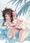  1girl :d arknights bangs bare_shoulders bikini black_hair eyjafjalla_(arknights) eyjafjalla_(summer_flowers)_(arknights) flower highres horns long_hair looking_at_viewer mosi_l off-shoulder_bikini off_shoulder open_mouth pink_bikini pink_eyes pink_flower sheep_horns short_sleeves smile solo swimsuit thighs 