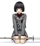  1girl araki_shigure bangs bare_legs black_eyes black_hair black_neckwear buttons collared_shirt commentary_request eyebrows_visible_through_hair fangs grey_jacket grey_skirt hands_on_own_knees highres jacket kendo kendo_club_(ningiyau) long_sleeves looking_at_viewer necktie ningiyau open_mouth red_shirt school_uniform seiza shinai shirt short_hair simple_background sitting skirt solo sword weapon white_background 