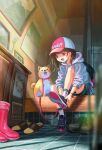  1girl bangs baseball_cap black_footwear black_hair blurry blurry_foreground boots_removed calendar_(object) dog drawstring flower footwear_removed grey_hoodie hat highres hood hood_down hoodie knee_up long_hair open_mouth original pink_footwear print_headwear sasakure_(mogunonbi) shadow shelf shiba_inu shoes sitting smile socks solo vase white_flower wide_shot 