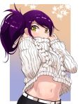  13-gou 1girl belt breasts character_request groin long_hair looking_at_viewer navel open_mouth purple_hair side_ponytail solo sweater yellow_eyes 