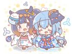  2girls ^_^ ahoge black_eyes blue_hair blue_kimono bow chibi closed_eyes daifuku_(yukihana_lamy) fang heart_hair hololive hololive_english japanese_clothes kimono mitarashi_neko multiple_girls ninomae_ina&#039;nis obi open_mouth pointy_ears red_bow sash skin_fang smile tako_(ninomae_ina&#039;nis) twintails virtual_youtuber white_kimono yukata yukihana_lamy 