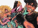  2boys battle_tendency black_gloves blonde_hair blue_gloves brown_hair caesar_anthonio_zeppeli clenched_teeth clothes_grab commentary_request facial_mark fangs feather_hair_ornament feathers fighting fingerless_gloves furrowed_brow gloves hair_ornament hand_on_another&#039;s_face headband jojo_no_kimyou_na_bouken joseph_joestar kasyuna1225 male_focus multiple_boys open_mouth pink_scarf pointing pointing_at_another pushing_away pushing_face scarf short_hair teeth triangle_print wrist_grab 