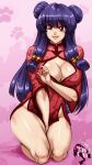  1girl 7th-heaven artist_name bangs bell blush breasts china_dress chinese_clothes cleavage cleavage_cutout closed_mouth clothing_cutout double_bun dress eyebrows_visible_through_hair full_body hair_bell hair_ornament highres kneeling large_breasts lips long_hair purple_hair ranma_1/2 red_dress red_eyes shampoo_(ranma_1/2) smile solo swept_bangs watermark wide_hips 