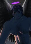  1boy abs bara beard blush chest_hair completely_nude facial_hair feathered_wings hairy halo highres large_pectorals male_focus male_pubic_hair mature_male muscular muscular_male navel navel_hair nether_angel_(tokyo_houkago_summoners) no_nipples nude pectorals pubic_hair shinonome_kaikou short_hair sideburns solo stomach stubble tokyo_houkago_summoners wings 