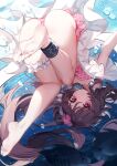  1girl ahoge animal_ears arknights bangs bare_legs barefoot bikini blurry blurry_foreground brown_hair commentary eyjafjalla_(arknights) eyjafjalla_(summer_flowers)_(arknights) feet fish flower full_body hair_between_eyes hair_flower hair_ornament highres horns leg_garter legs long_hair looking_at_viewer nahaki parted_lips pink_bikini pink_eyes pink_flower plaid plaid_bikini sheep_ears sheep_horns signature soles solo swimsuit toes underwater upside-down very_long_hair 