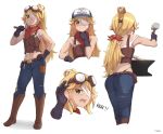  1girl abs absurdres artist_name bandage_over_one_eye bangs belt black_gloves blonde_hair brown_belt character_sheet denim freckles frown gloves goggles goggles_on_head green_eyes hammer highres holding holding_hammer hololive hololive_english jeans long_hair multiple_views one_eye_covered pants scout_(gawr_gura) solo tfqr toned torn_clothes torn_jeans torn_pants turnaround white_background world_of_darkness wrench 