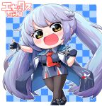  1girl :d ankle_boots azur_lane bangs black_footwear black_legwear blue_background blue_cloak blue_dress blue_gloves blue_hair blush boots braid breasts brown_eyes checkered checkered_background chibi cleavage clenched_hand cloak clothes_writing collared_dress commentary_request dress essex_(azur_lane) eyebrows_visible_through_hair french_braid full_body gloves highres kado_(hametunoasioto) large_breasts long_hair looking_at_viewer necktie open_mouth outstretched_arm pantyhose partial_commentary partially_fingerless_gloves red_neckwear sidelocks smile solo standing twintails underbust very_long_hair white_background 