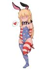  1girl absurdres american_flag_legwear animal_ears arms_behind_back bare_shoulders blonde_hair blush breasts bunny_ears cleavage clownpiece colored_eyelashes doro_au elbow_gloves fake_animal_ears full_body gloves heart highres long_hair looking_at_viewer neck_ruff no_wings pink_eyes playboy_bunny short_eyebrows simple_background small_breasts solo spoken_heart standing standing_on_one_leg star_(symbol) star_print striped sweat thick_eyebrows thighhighs thighs touhou very_long_hair white_background 