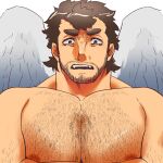  1boy bara beard blush chest_hair close-up completely_nude facial_hair feathered_wings hairy halo large_pectorals male_focus mature_male muscular muscular_male nether_angel_(tokyo_houkago_summoners) nipples nude pectoral_focus pectorals shinonome_kaikou short_hair sideburns solo stubble thick_eyebrows tokyo_houkago_summoners upper_body wings 