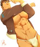  1boy abs bara bare_pectorals bulge chest_hair dark-skinned_male dark_skin facial_hair forked_eyebrows fundoshi goatee highres jacket japanese_clothes kengo_(tokyo_houkago_summoners) large_pectorals leather leather_jacket long_sideburns looking_away male_focus male_pubic_hair muscular muscular_male navel no_pants open_clothes open_jacket pants_boxer pectorals pubic_hair short_hair sideburns smirk solo stomach stretch stubble tokyo_houkago_summoners 